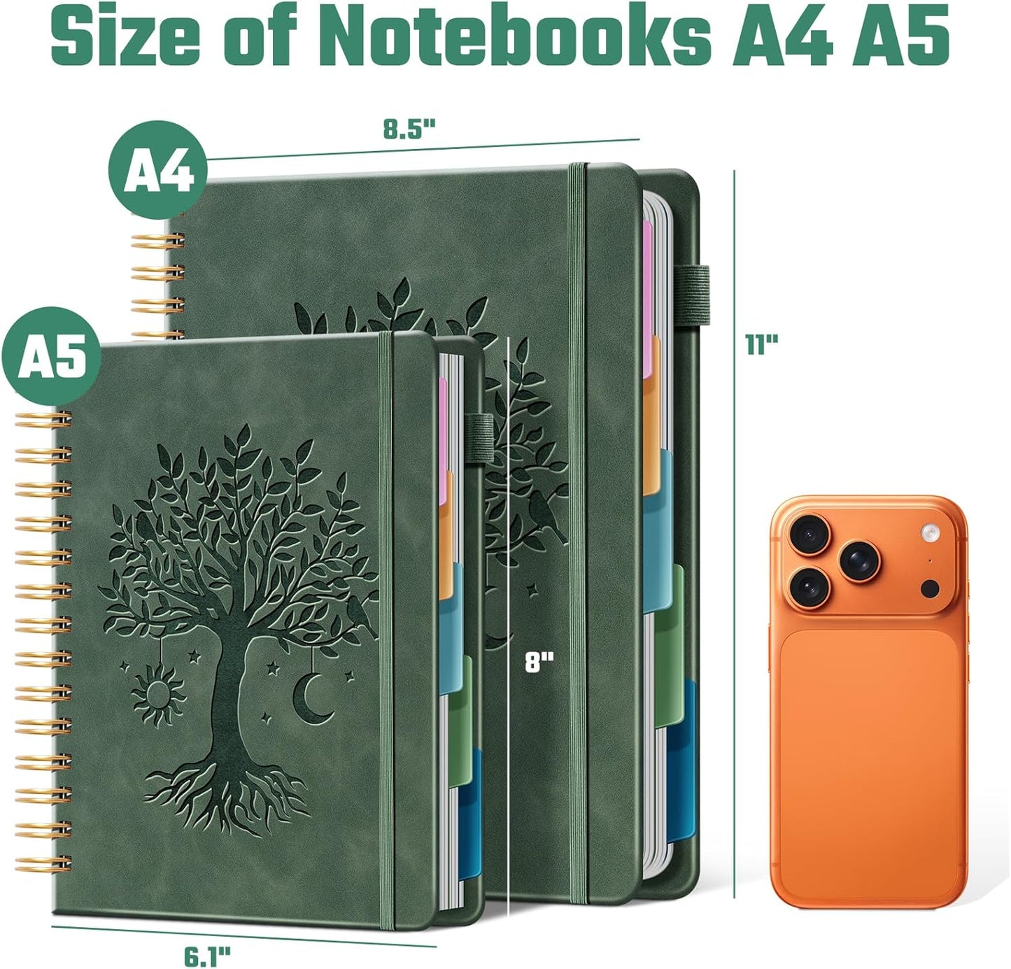 Ovesmusl Hardcover Spiral Notebook 8.5" x 11" with 5 Removable Dividers 300 Pages Leather 5 Subject Notebook College Ruled 100GSM Large Spiral Notebooks for Work Thick Lined Journal for Women, Green