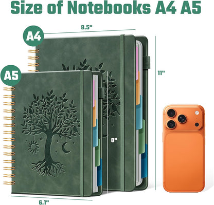 Ovesmusl Hardcover Spiral Notebook 8.5" x 11" with 5 Removable Dividers 300 Pages Leather 5 Subject Notebook College Ruled 100GSM Large Spiral Notebooks for Work Thick Lined Journal for Women, Green