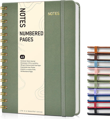 Lined Spiral Journal Notebook, A5 Hardcover Spiral Journals for Women Men, 150 Numbered Pages Spiral Bound Notebook, 100 GSM College Ruled Notebooks for Work, Note Taking 5.75" x 8.38", Olive Green