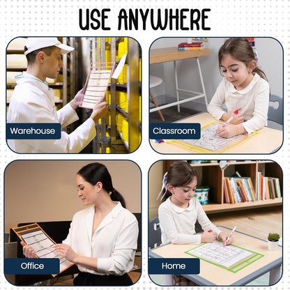 Essex Wares - 6 Pack, Assorted, Dry Erase Pocket Document Protectors, 10" Wide x 13.5" Tall- Dry Erase Clear Plastic Sleeves - Reusable & Easy Erase Plastic Invoice Holders, Water-Resistant & Durable