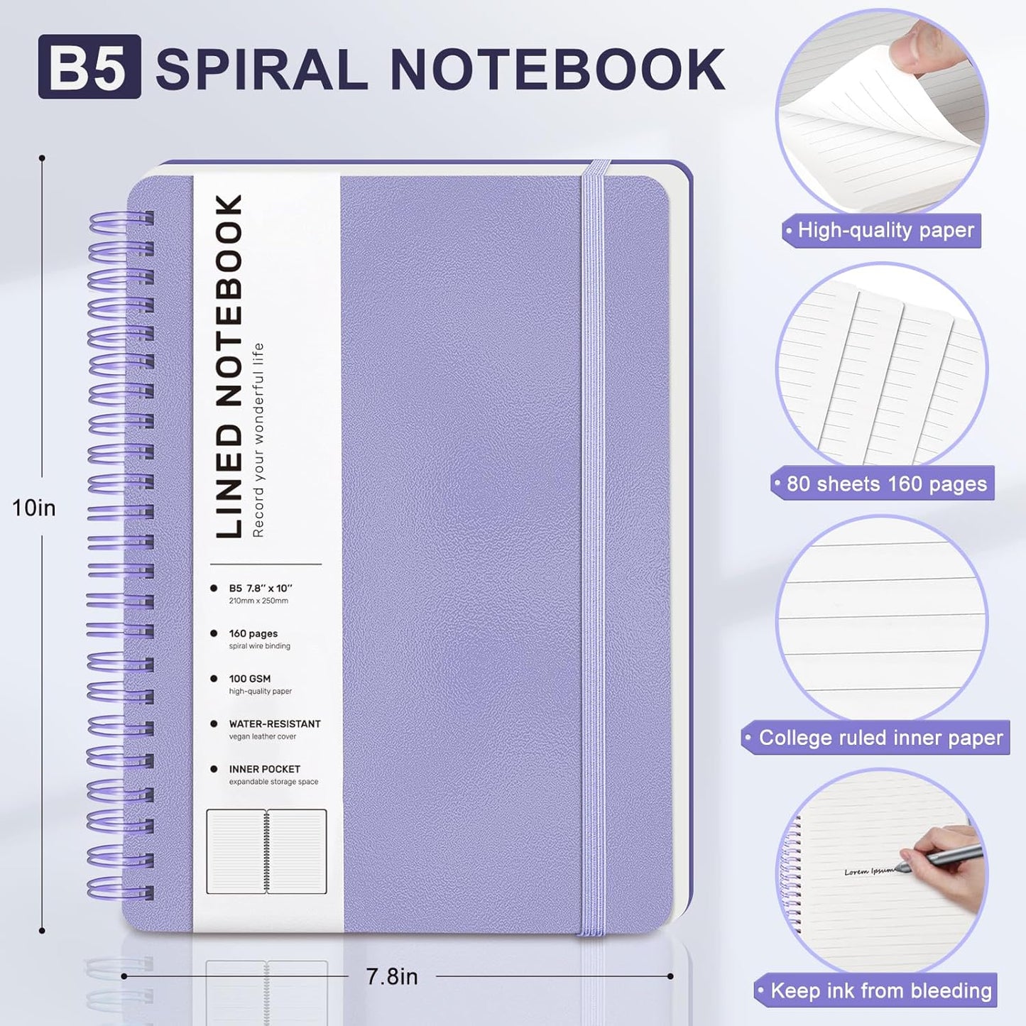 Lined Spiral Journal Notebook, A5 Hardcover Leather Notebook for Work, 5.7''×8.2'', 100GSM Thick Paper Spiral Bound Journaling Notebooks for Women & Men Office School Note Taking Business, Black