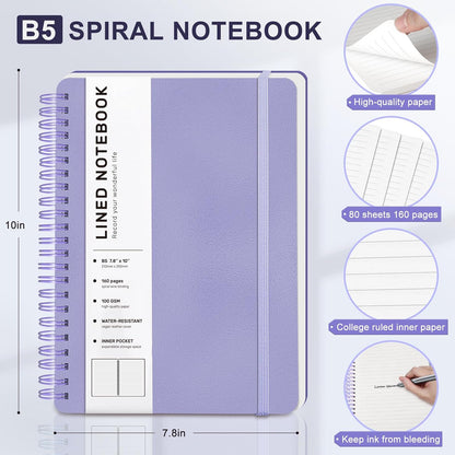 Lined Spiral Journal Notebook, A5 Hardcover Leather Notebook for Work, 5.7''×8.2'', 100GSM Thick Paper Spiral Bound Journaling Notebooks for Women & Men Office School Note Taking Business, Black