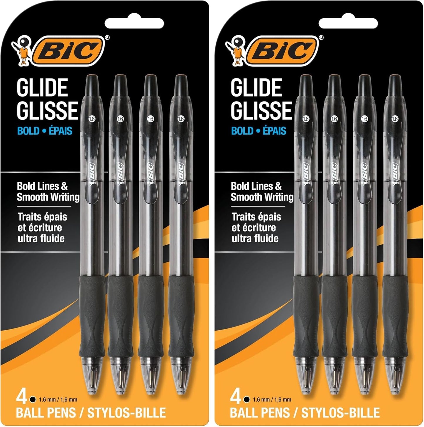 BIC Glide Bold Black Ballpoint Pens, Bold Point (1.6mm), 4-Count Pack, Retractable Ballpoint Pens With Comfortable Full Grip