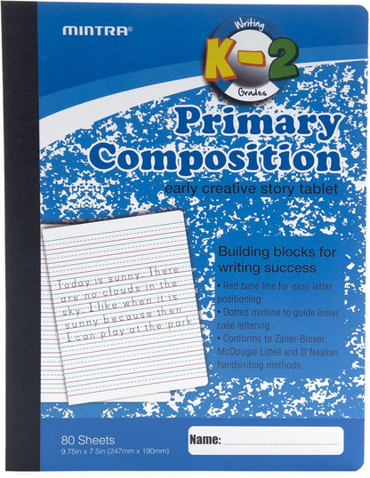 Mintra Primary Composition Notebook, 4 Pack, Assorted Colors 80 Sheets, 7.5in x 9.75in, 1/2 Sheet, Ruled with Drawing Area, Flexible Hardcover Journal, Grades K-2, School & Home Use