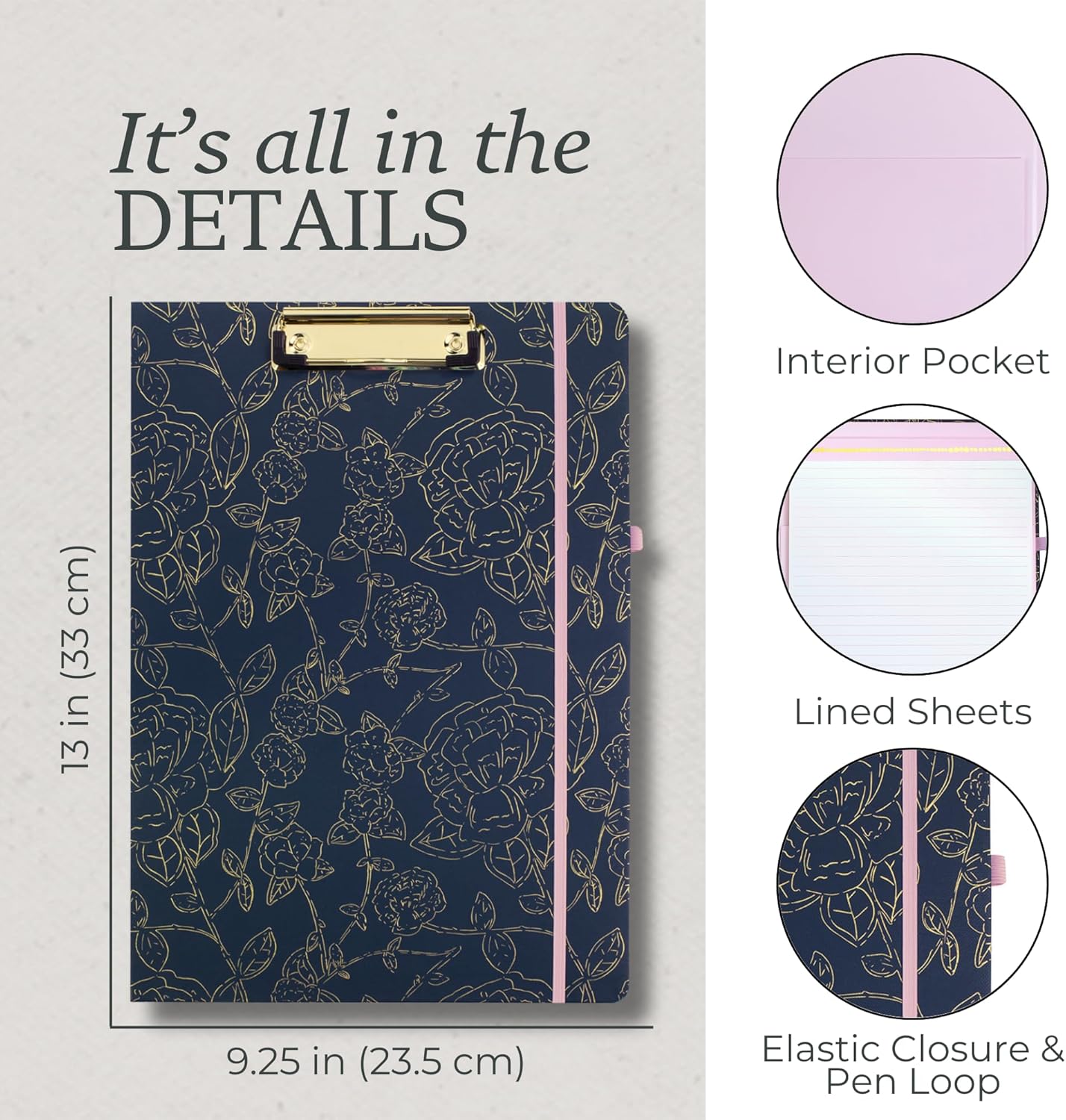 Steel Mill & Co Cute Clipboard Folio with Refillable Lined Notepad and Interior Storage Pocket, Floral Padfolio for Work, Garden Blooms Cream