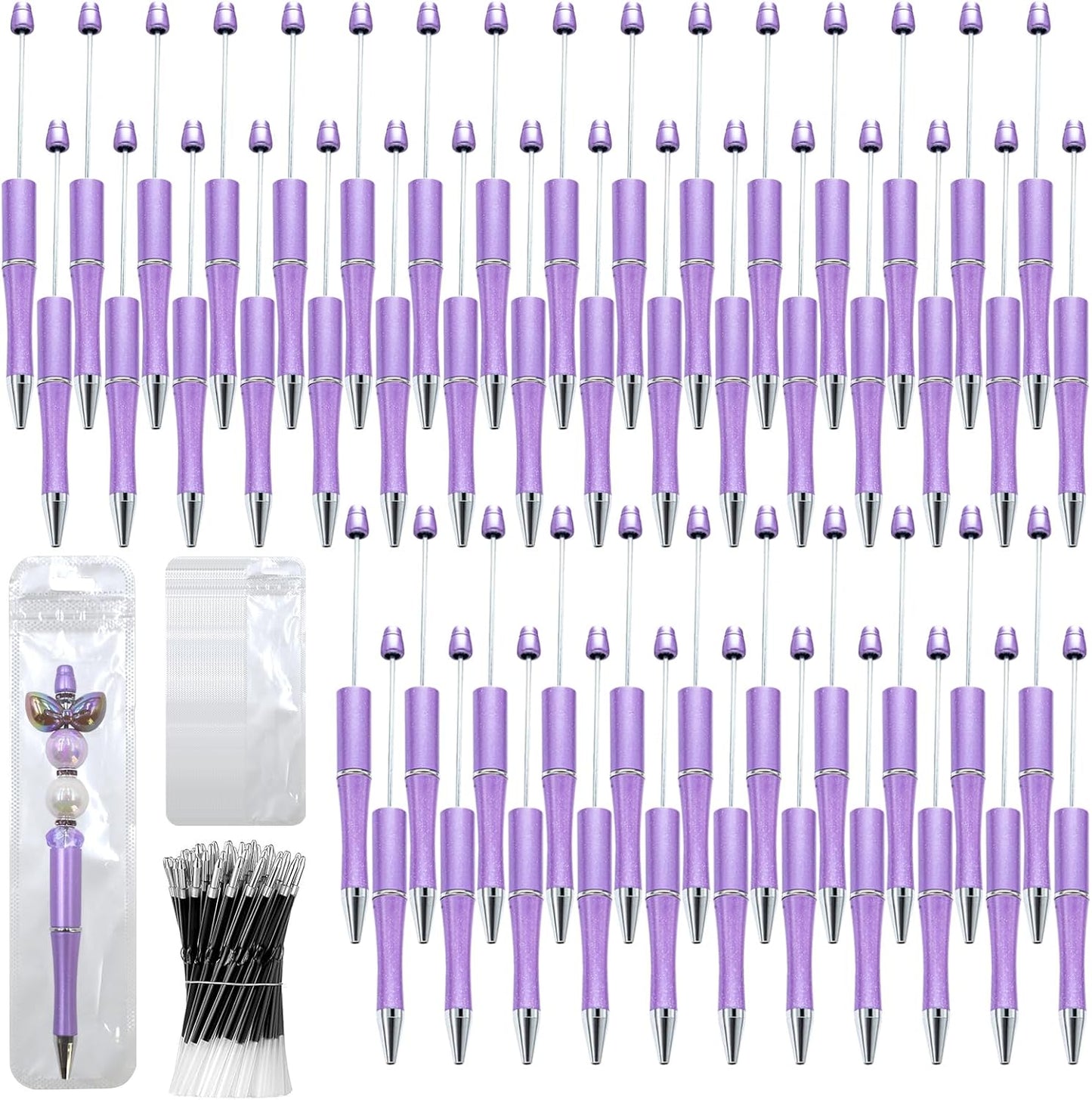 150 Pieces DIY Beadable Pen Kit – 50 Plastic Ballpoint Pens with Refills & Bags, Beads Not Included – School Supplies, Office Accessories & Craft Gifts for Students & Teachers (Multicolor)