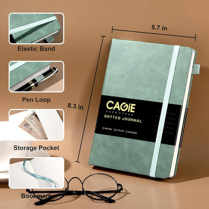 CAGIE Bullet Dotted Journal Notebook 320 Pages 100 GSM Paper Hardcover A5 Dot Grid Notebook Leather Journals for Writing Women Men Work Journaling, Green