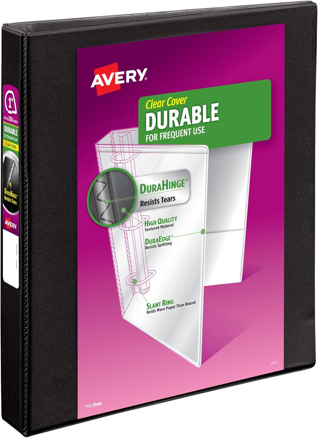 Avery Durable View 3 Ring Binder, 3 Inch Slant Rings, 635 Sheet Capacity, Black, Holds 8.5 x 11 Paper, 3.5" Wide Spine, DuraHinge for Organizing Reports & Projects (17041)
