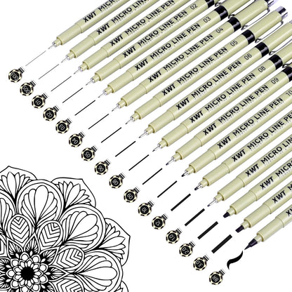 12+1 Fineliner Drawing Art Pens, Black Waterproof Pigment Ink Set for Artists, Sketching, Manga, Watercolor, Calligraphy, and Detail Outlining Archival Quality Inking Markers