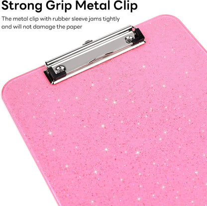 A4 Plastic Glitter Clipboard, Sparkly Pink 12.5 x 9 Letter Size for Classroom, Students, Teacher, Nurse, 8.5 x 11 Clip Board with Low Profile Clip, Office & School Supplies