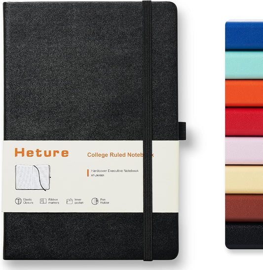 Heture 8 Pack Lined Journal Notebooks,A5 Hardcover Notebooks, 5.5 x 8.3 inch, 100GSM, 160 Pages, Classic College Ruled Notebooks for Writing/Work/Travel/College (Black)