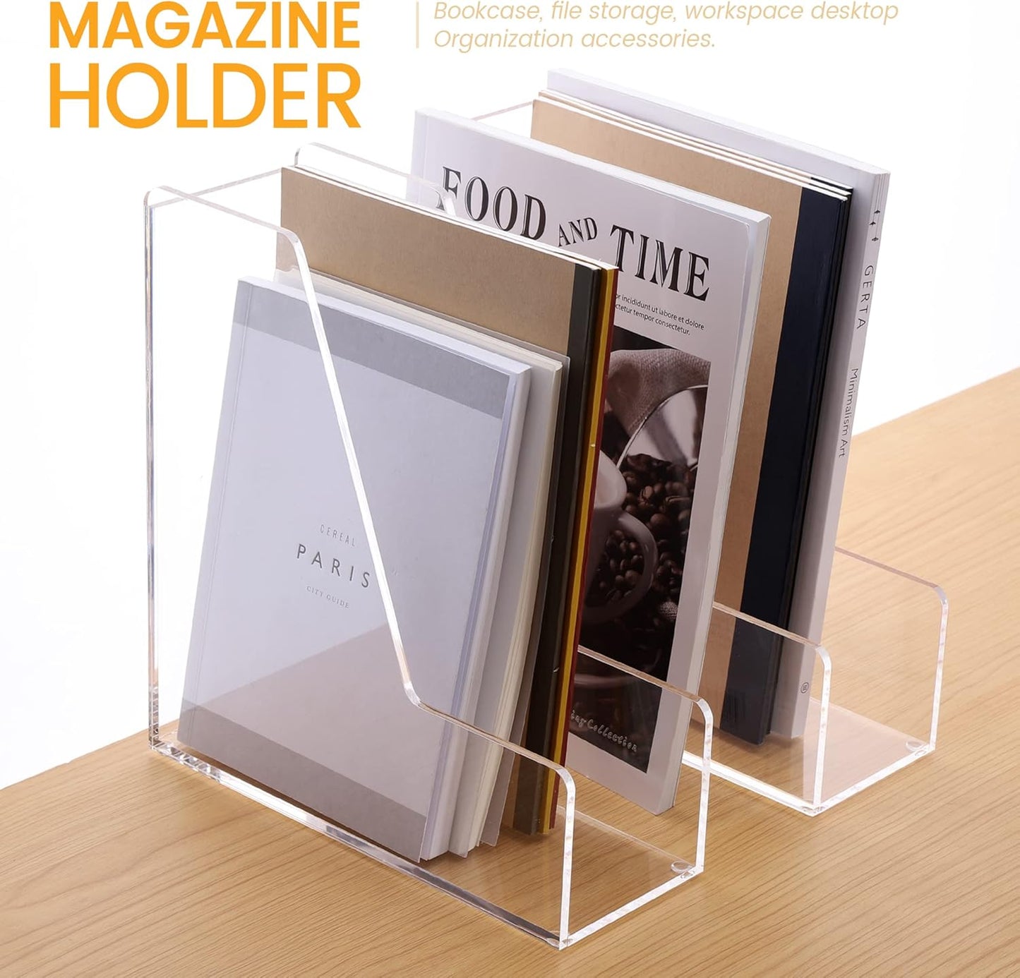 HeZone Acrylic Magazine Rack File Holder Desk Organizers and Storage 2-Pack Small Clear Acrylic Vertical Magazine Holder Book Stand for Office Desk