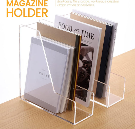 HeZone Acrylic Magazine Rack File Holder Desk Organizers and Storage 2-Pack Small Clear Acrylic Vertical Magazine Holder Book Stand for Office Desk