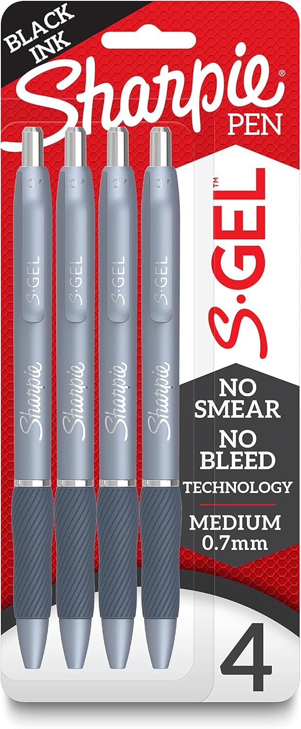 Sharpie S-Gel Gel Pens, Green Barrel, Black Ink, Medium Point (0.7mm), 4 Count - For Home, Office, College, Journaling, Drawing, Note-Taking, Writing