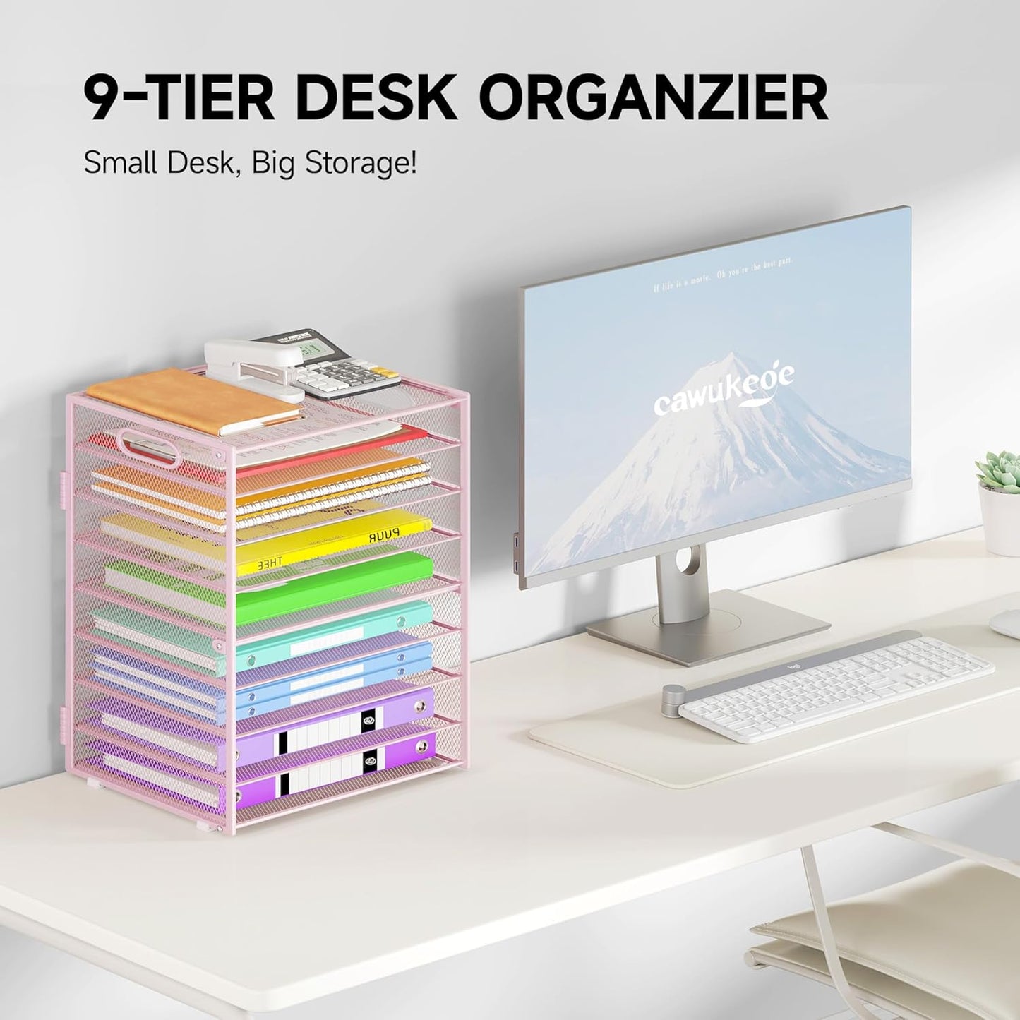 Cawukege 9 Tier Paper Organizer with Handle, Black Large Capacity Desk Organizer Mesh File Folder Letter Paper Tray Desktop Document Sorter for Classroom, School, and Office Accessories Organization