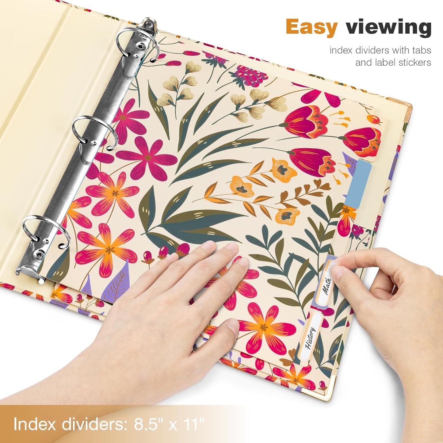 Ospelelf Binder 3 Ring 1 Inch, Floral Round Ring Clipboard Binder for Letter Size with 5 Tab Dividers, File Folder Labels, for School and Office Supplies
