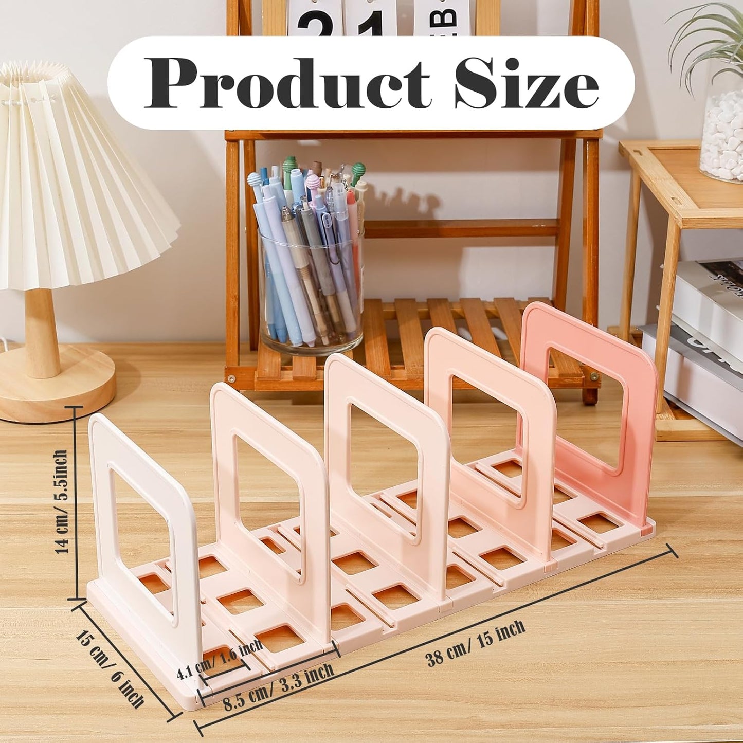 BAYTORY Gradient Desk File Holder, Vertical File Organizer with Adjustable Dividers, Desktop Book Organizer, Binder Shelf for Office Desk (4 Slots, Pink)