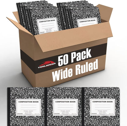 Trail maker (50 Pack Bulk Composition Notebooks, Wide Ruled Marble Cover, 200 Pages (100 Sheets), 9.75 x 7.5, Bulk School Supplies for Classroom, Office & School Donations