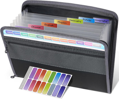 Sooez Accordion File Organizer with Safe Zipper, 12 Pocket Expanding File Folder with Front Pencil Pouch, Portable Monthly Paper Bill Tax Receipt Organizer, School Office Supplies, Letter Size, Grey