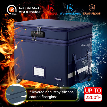 DocSafe Fireproof Document Box with Lock,2-Layer File Box with Wheels,Collapsible File Storage Organizer with Pockets,Large Portable Home Filing Cabinet for Hanging Folders,Black,16''x13.8''x12.2''