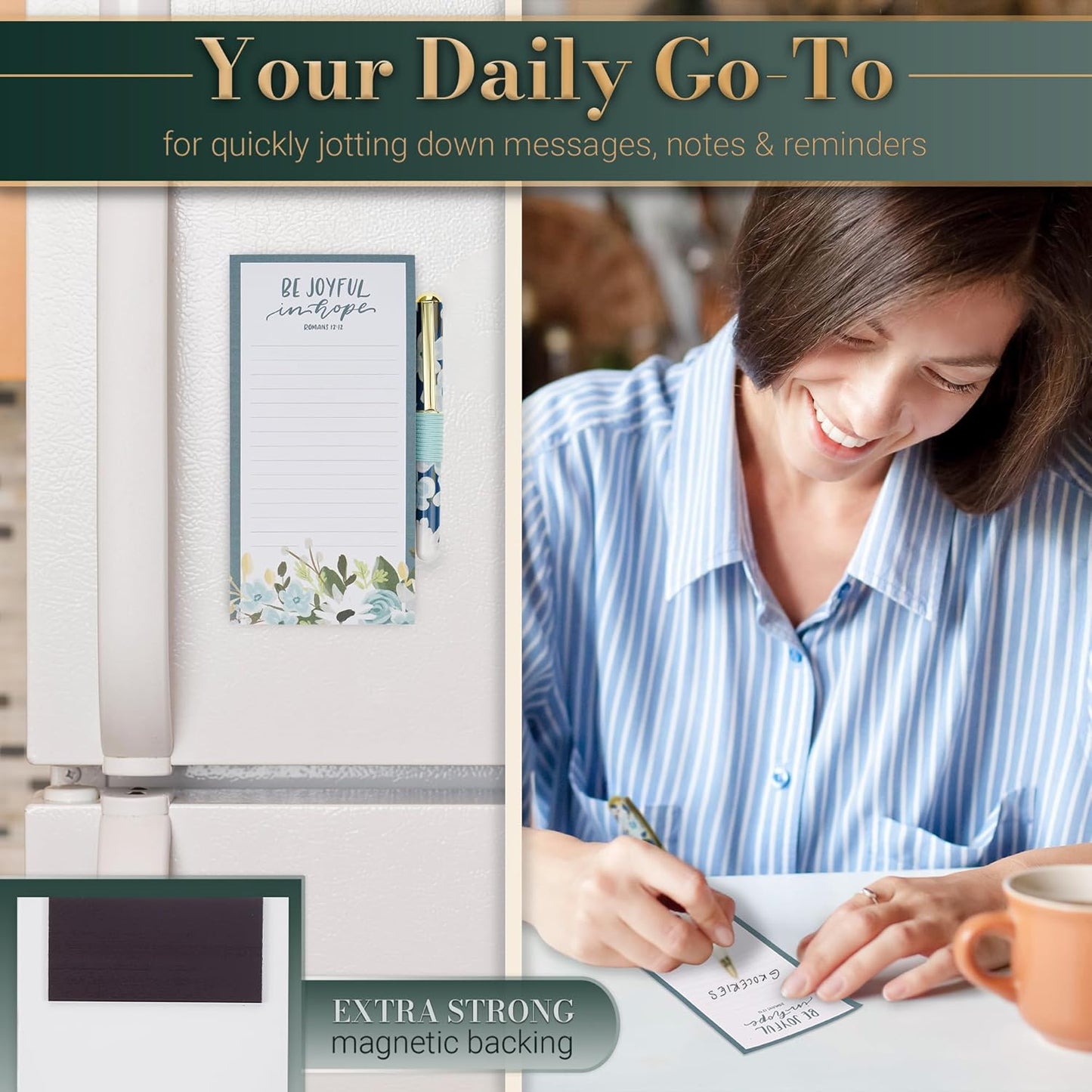Christian Art Gifts Compact Magnetic Notepad & Medium Ballpoint Pen Set: Trust in the Lord Inspirational Scripture, Shopping Lists, Memos, Reminders, 70 Lined Easy Tear-off Sheets, Purple/Teal Floral