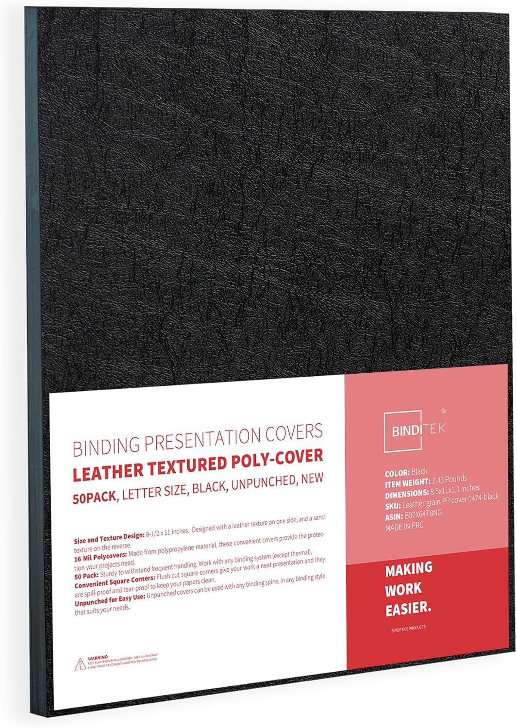 Binditek 100 Pack 16 Mil Leather-Textured Heavyduty Polycovers, Plastic Binding Presentation Covers, Letter Size, 8-1/2 x 11", Square Corners, Un-Punched, Black