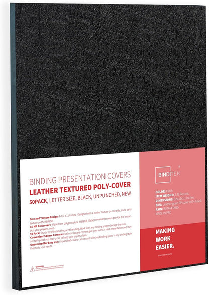 Binditek 100 Pack 16 Mil Leather-Textured Heavyduty Polycovers, Plastic Binding Presentation Covers, Letter Size, 8-1/2 x 11", Square Corners, Un-Punched, Black