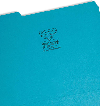 Smead Interior File Folder, 1/3-Cut Tab, Letter Size, Aqua, 100 per Box, Expandable File Folders for Filing Cabinet