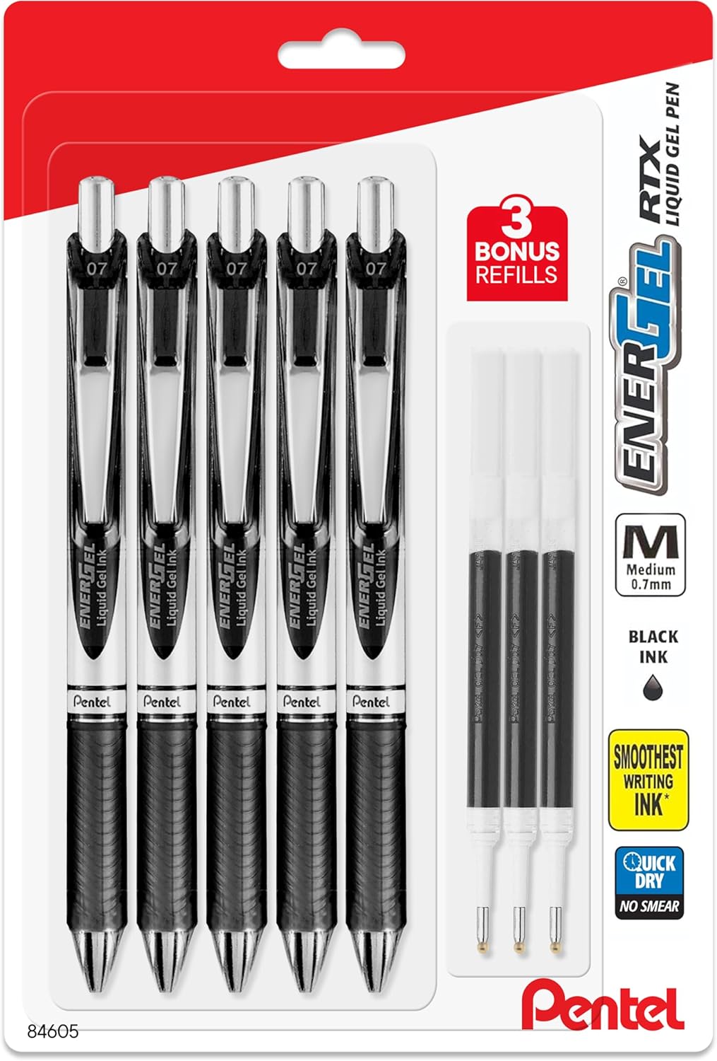 Pentel Energel 0.7 mm Deluxe RTX Liquid Gel Ink Pens, Metal Tip, Pack of 5 Black Pens with 3 Refills