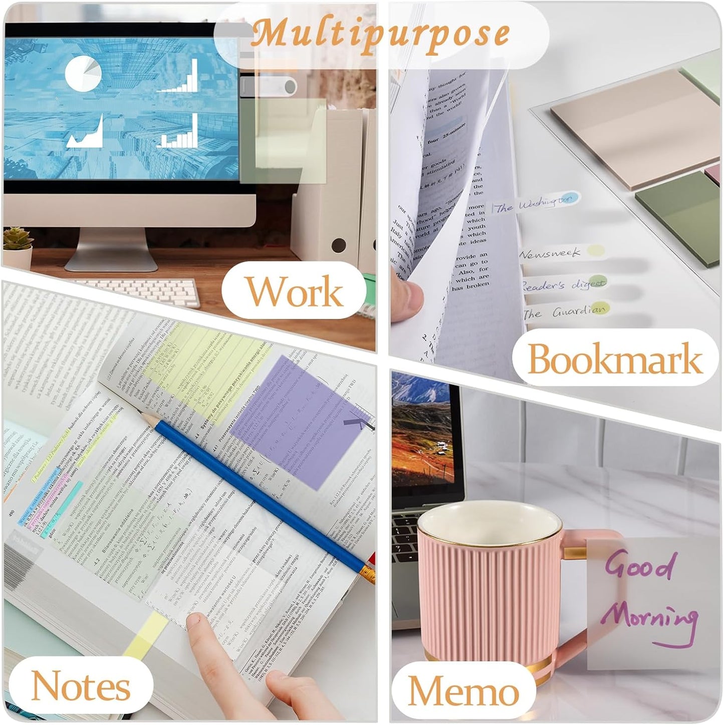 BAYTORY 700 Sheets Transparent Sticky Notes, Clear Waterproof 3 x 3 inch See Through Memo Pad, Self-Adhesive Translucent Writable Index Tabs for Annotating Books, Office & School Study Supplies