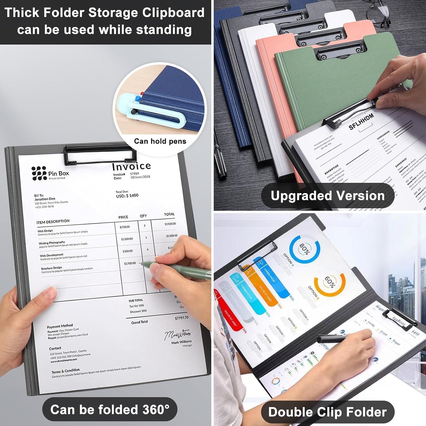2 PCS Clipboard Foldable,360°Cover Folder Clipboard Plastic Clipboards with Double Low Profile Clip,File Folder Storag Clipboards for A3 A4 Paper, Clip boards for Office School Supplies-Pink