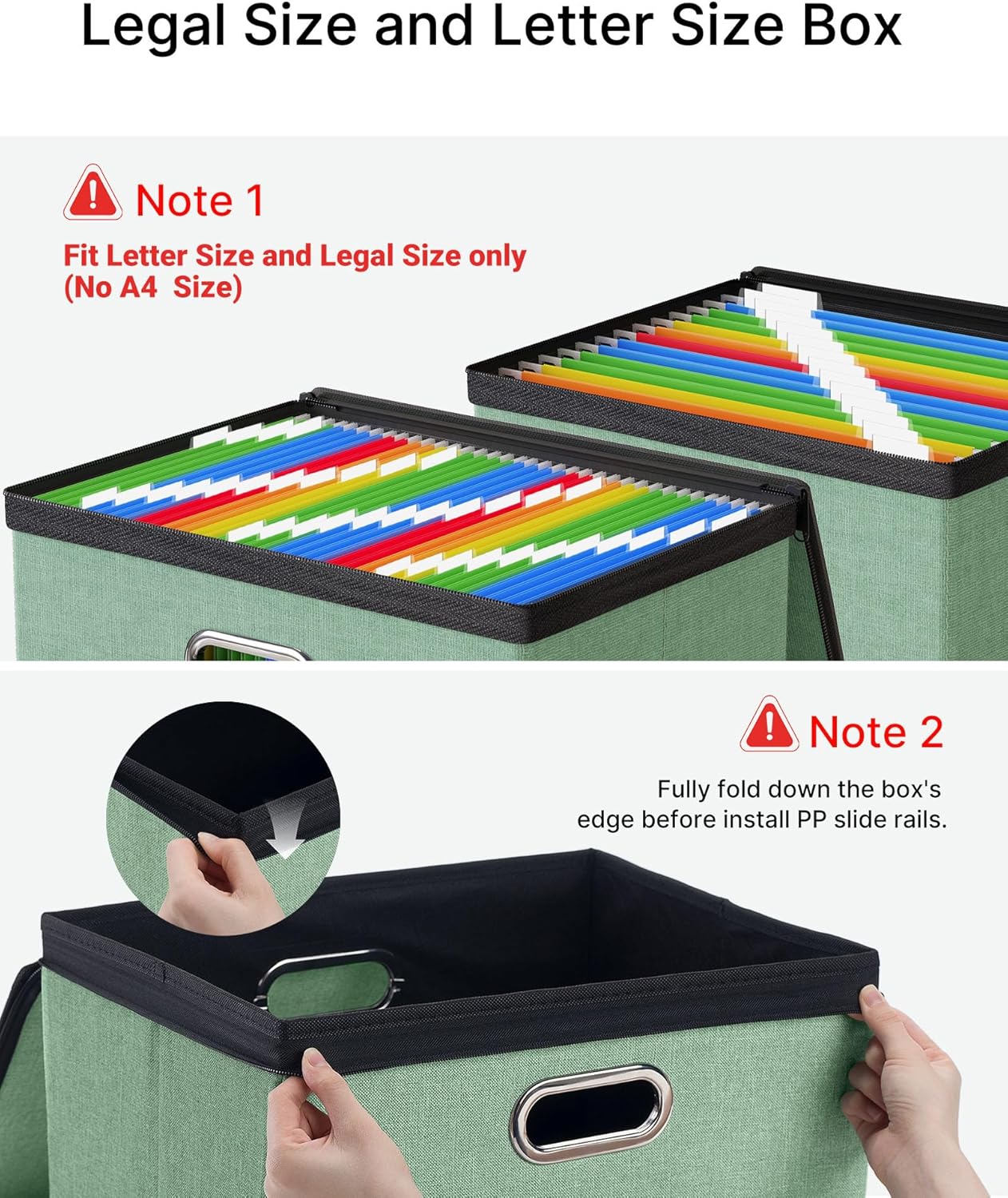 Oterri 2 Pack File Organizer Boxes with Lids, File Box with Mesh Pockets, Document Organizer Box for File Folders Letter Size, Zippers Filing Box for Home, Office, School (Green, Without Folders)