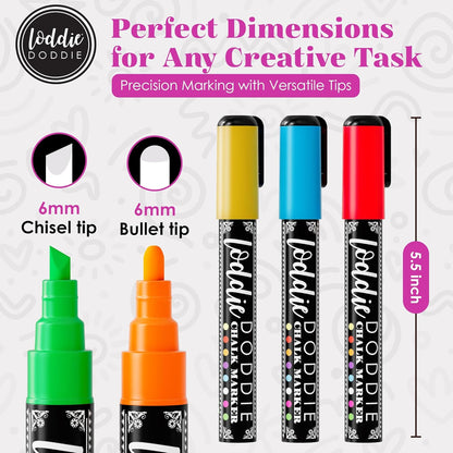 Loddie Doddie Liquid Chalk Markers - 8-Pack, 6mm Dual Tips - Chalk Markers for Blackboard & Chalkboard Paint - Washable Window Pens for Glass - Erasable Pens