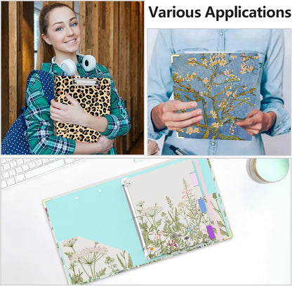 3 Ring Binder 2 Inch Round Ring Binder with 6 Tab Dividers，2 Interior Pockets，Cute Binder Clipboard with Storage, for School Office, Portfolio(Almond Tree)
