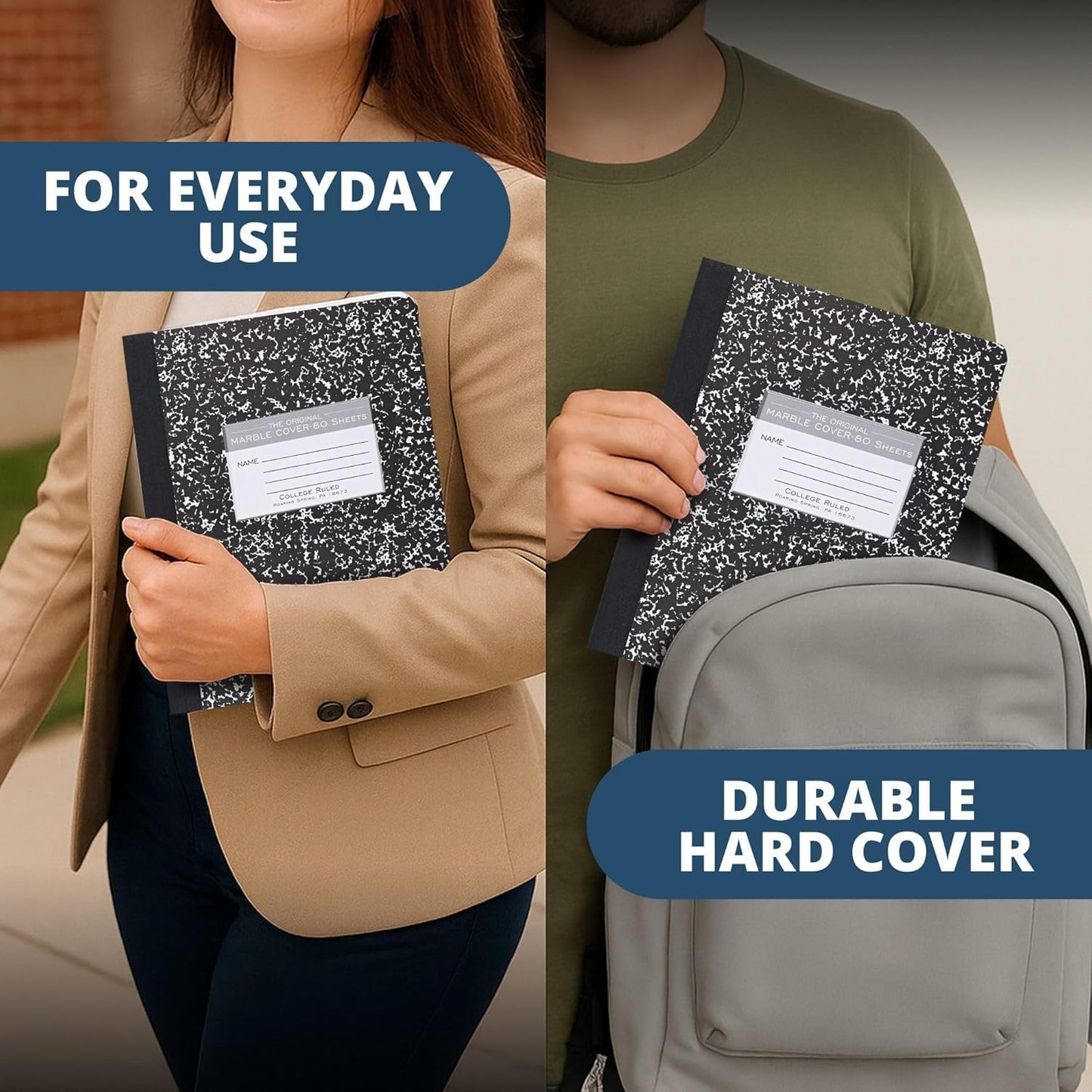 ROARING SPRING Hard Cover Composition Notebook, Black Marble Comp Book, 9.75″ x 7.5″, College-Ruled with Margin, 100 Sheets (200 Pages), Made in USA