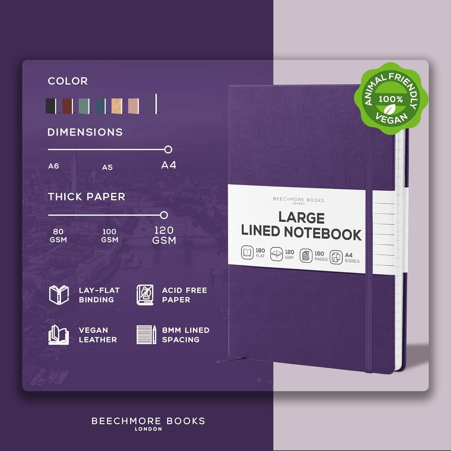 BEECHMORE BOOKS Large Lined Journal Notebook, 8.5" x 11.5" (A4) Hardcover Vegan Leather Executive Diary for Work, Thick 120gsm Paper, Lay-Flat Binding, Gift Box
