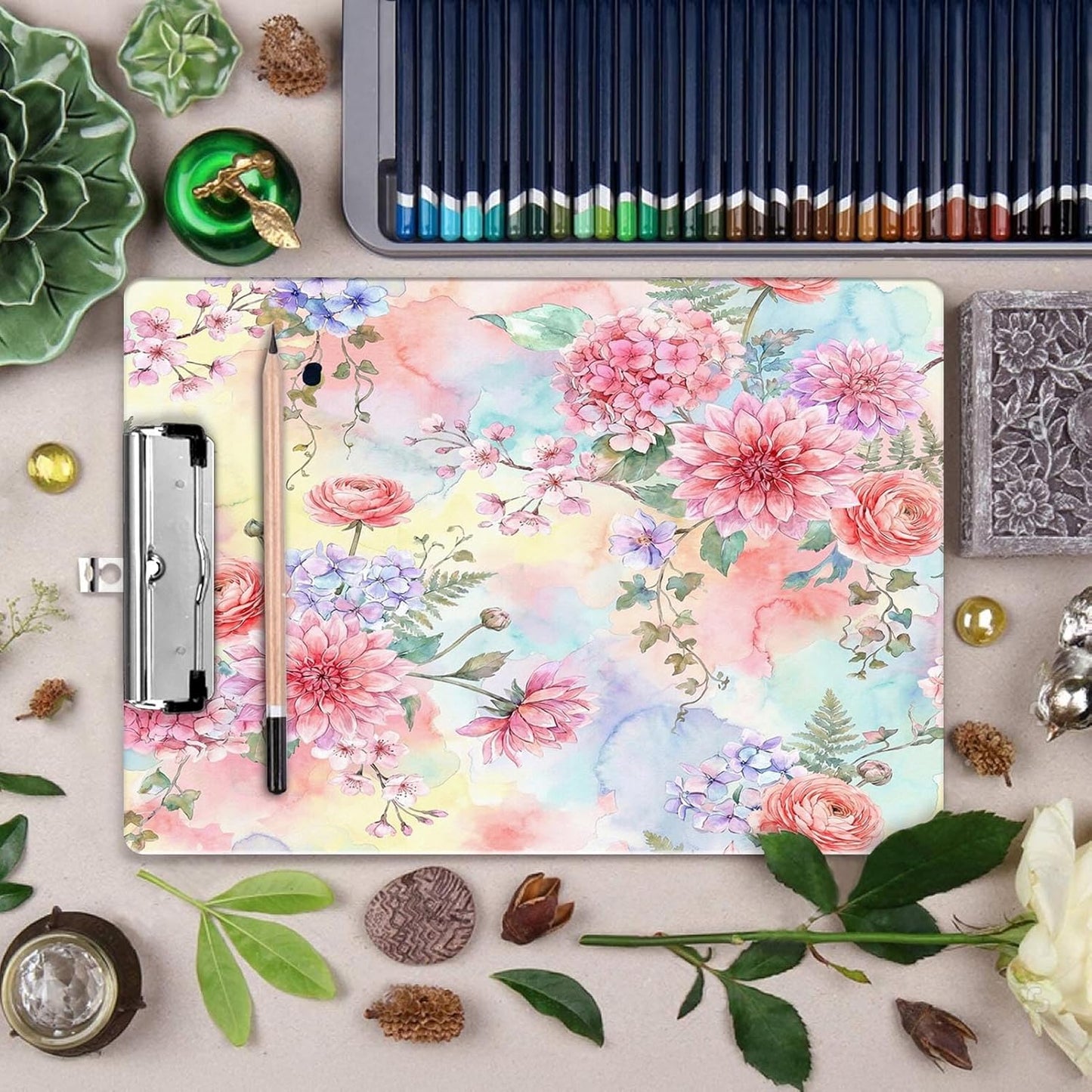 Britimes Clipboard Decorative Office School Hardboard Wood Nursing Clip Board and Pull for Standard A4 Letter Size Summer Mint Green Plant Tree 12.6" X 8.9"