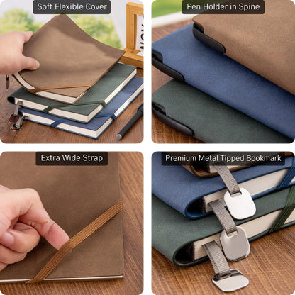 Faux Leather Notebook Journal - 200 Pages Lined Vegan Leather Journal for Writing, A5 Soft-Cover Journaling Notebook Gift Set with Pen for Travel, Office, Daily Writing