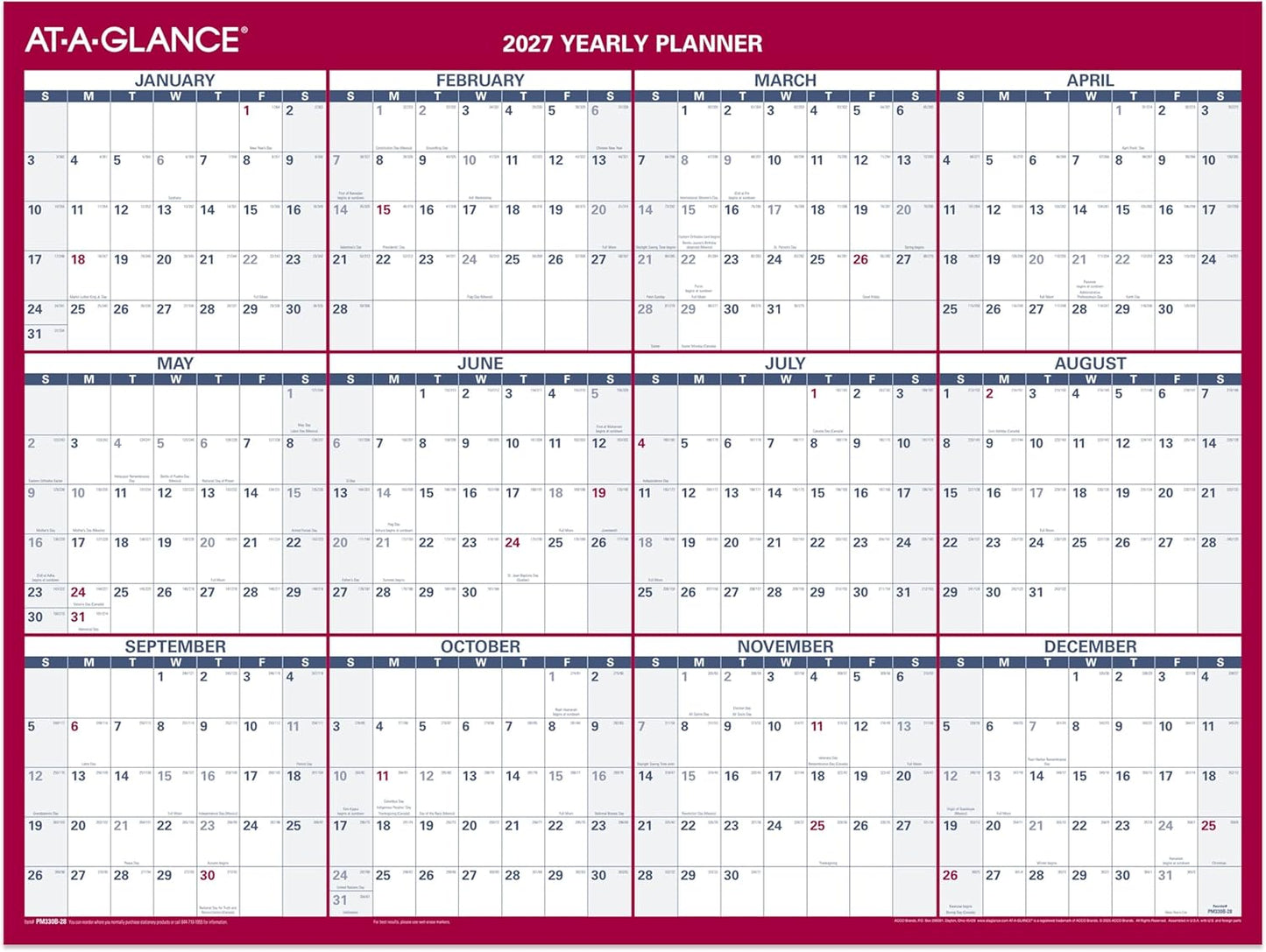 AT-A-GLANCE 2026 Erasable Calendar, Dry Erase Wall Planner, 12" x 16", Small, Vertical-Horizontal, Reversible, Compact (PM330B2826)