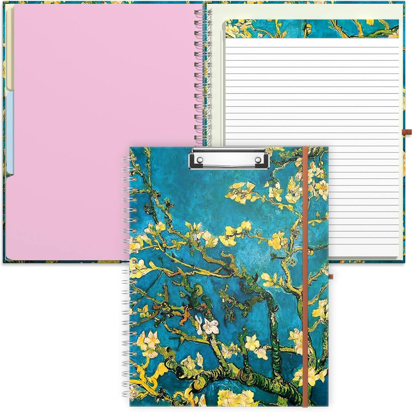 Rimilak Spiral Clipboards Folio with Refillable Lined Notepad, 14.5 x 9.8 In, Hardcover Cover with 5 Interior Pockets, Elastic Band and Pen Loop Series. Cute Stylish Clipfolio, Daisy Flower