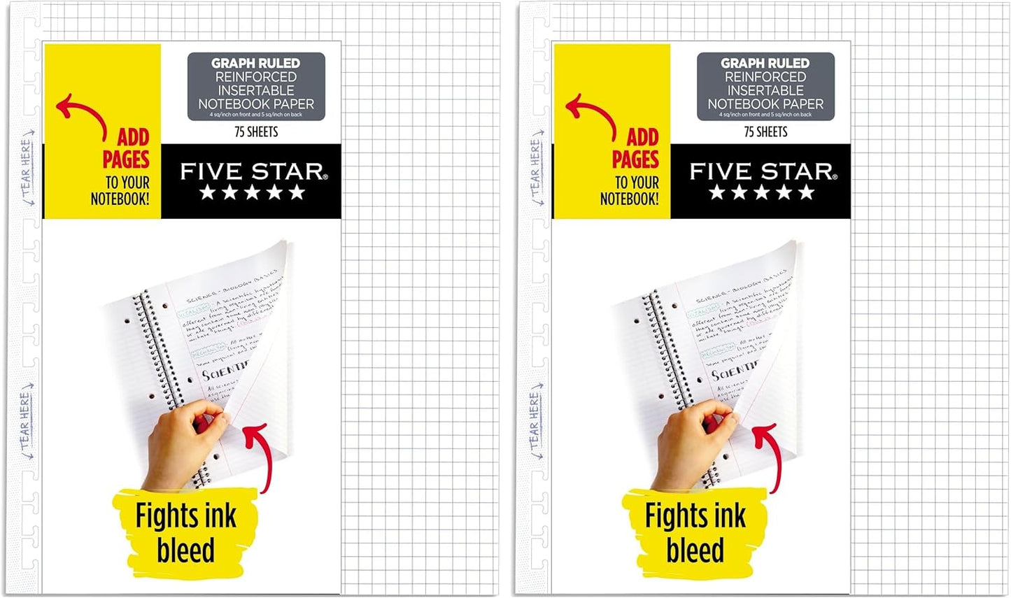 Five Star Loose Leaf Paper, Graph Ruled Insertable Notebook & Binder Filler Paper, 8-1/2" x 11", Reinforced T-Tabs, 75 Sheets (170180)