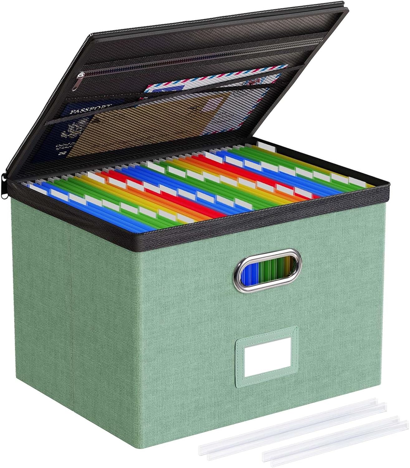 Oterri 2 Pack File Organizer Boxes with Lids, File Box with Mesh Pockets, Document Organizer Box for File Folders Letter Size, Zippers Filing Box for Home, Office, School (Green, Without Folders)