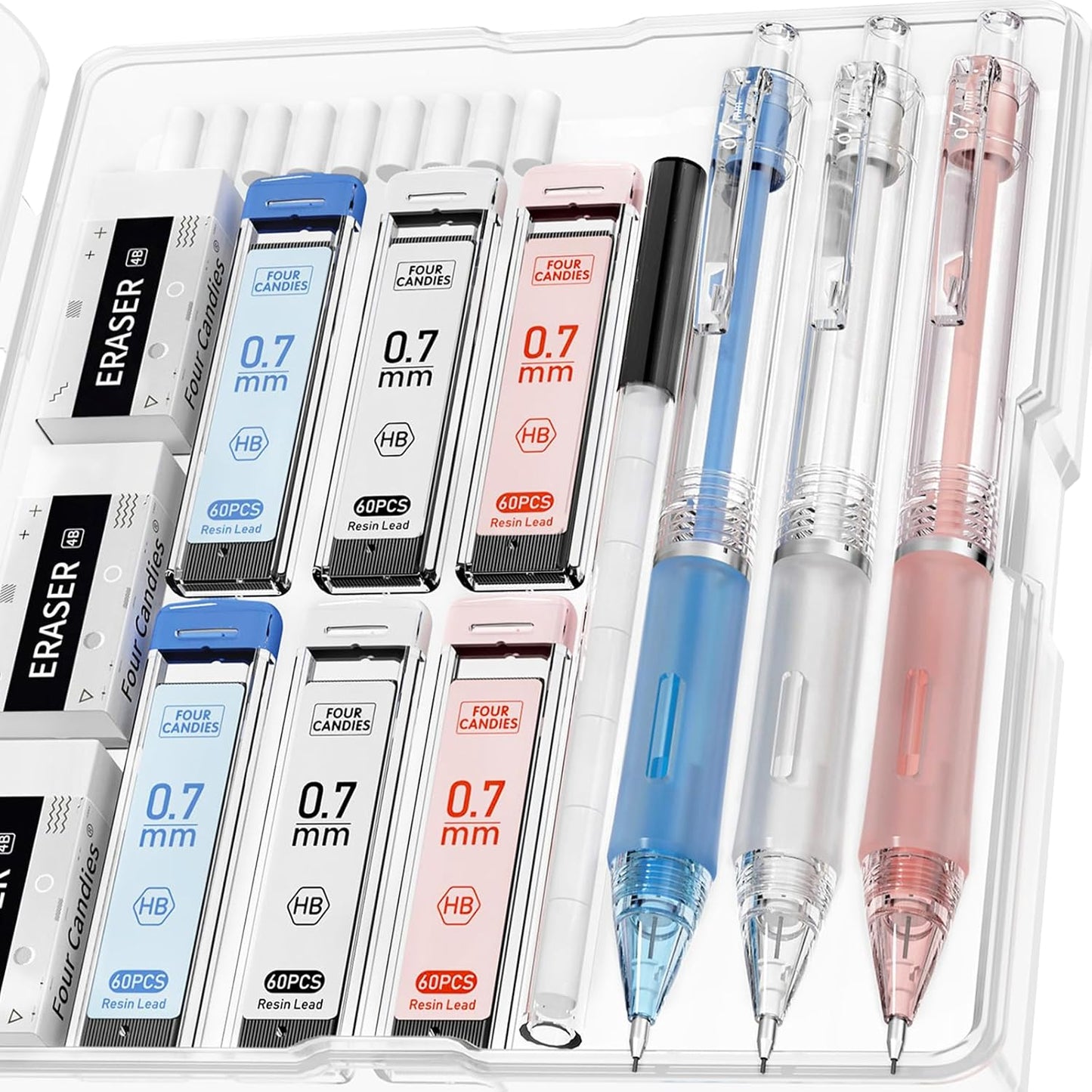 Four Candies Mechanical Pencil Set with Case, 6PCS Aesthetic Mechanical Pencils 0.5 & 0.7mm with 360PCS HB Lead Refills, 12PCS Erasers, Cute Mechanical Pencils for Writing, Drawing and Sketching