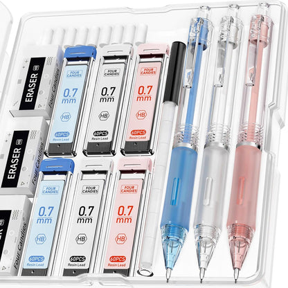 Four Candies Mechanical Pencil Set with Case, 6PCS Aesthetic Mechanical Pencils 0.5 & 0.7mm with 360PCS HB Lead Refills, 12PCS Erasers, Cute Mechanical Pencils for Writing, Drawing and Sketching