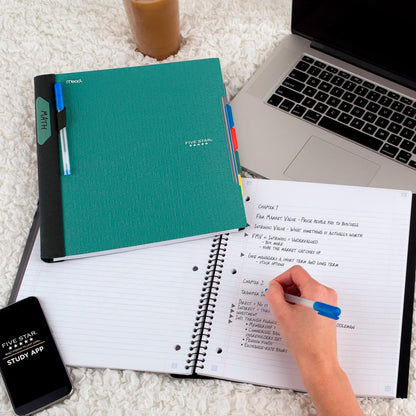 Five Star Advance Spiral Notebook + Study App, 5 Subject, College Ruled Paper, 8-1/2" x 11", 200 Sheets, Spiral Guard, Movable Tabbed Dividers, Black (73144)
