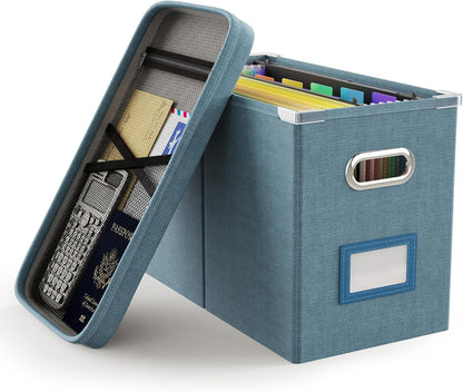 Oterri File Organizer Box with Lid, Hanging Filing File Box with Mesh Pocket, Document Organizer Box for Letter Files, Portable Storage Box with Smooth Sliding Rail for Office&Home (1 PCS, Beige)
