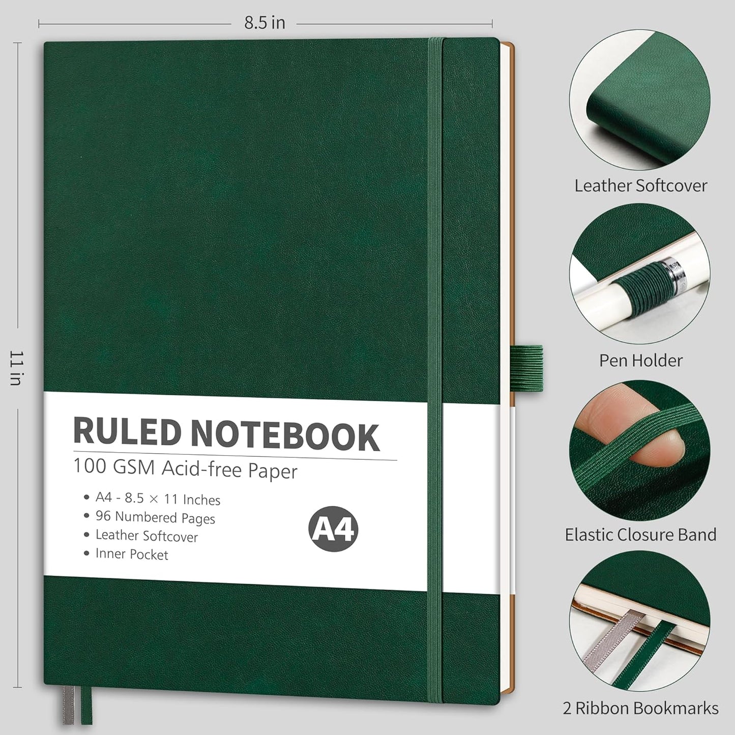 RETTACY Graph Grid Paper Notebook, 96 Pages, A4 Large Size (8.5'' x 11''), 5 Squares per Inch, Leather Softcover, 100 GSM Thick Paper, for School, Students, Math, Engineering (Navy Blue)