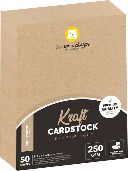 BearBoss Brown Cardstock Paper 8.5x11 50 Sheets, Heavyweight 92lb Cover for Crafts DIY Cards Making