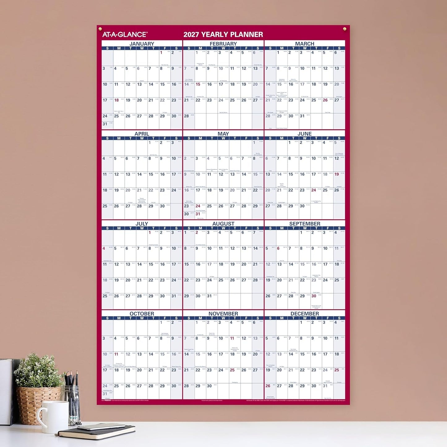 AT-A-GLANCE 2026 Erasable Calendar, Dry Erase Wall Planner, 12" x 16", Small, Vertical-Horizontal, Reversible, Compact (PM330B2826)