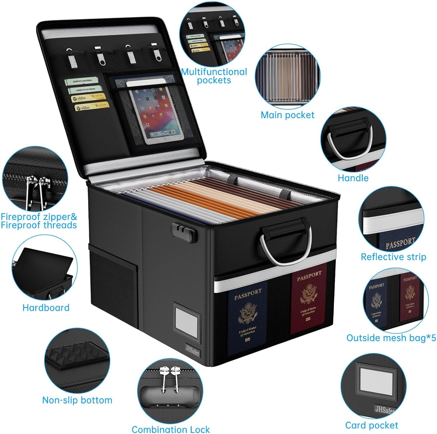 5200℉ Fireproof Document Box with Lock, Waterproof File Organizer with Handle, Portable Collapsible Filing Cabinet with Reflective Strip for Hanging Letter/Legal Folder, Black